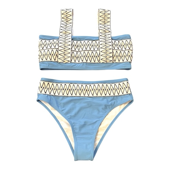Amazon Other - NEW Two-piece Bikini Boho Blue White Bandeau Top High Rise Swimsuit Size Large